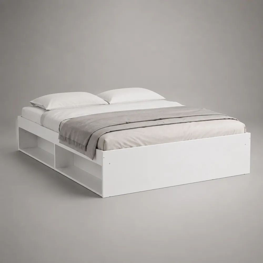 Letto matrimoniale bianco in truciolare melaminico con 3 vani portaoggetti, 166 × 206 × 60 cm, per materasso 160 × 200 cm