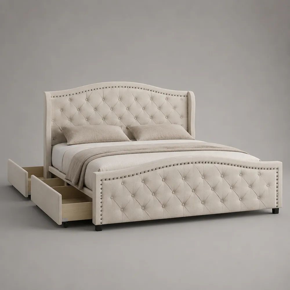 Letto matrimoniale imbottito beige 160 x 200 cm, dimensioni 174 x 220 x 125 cm, con testiera capitonné e 4 cassetti