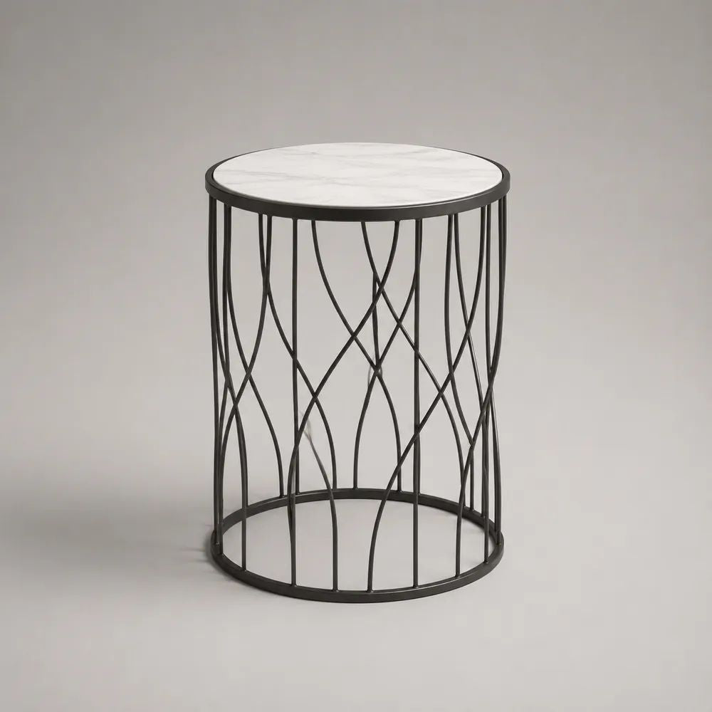 Tavolino laterale rotondo in pietra sinterizzata e acciaio, Ø45 × H55 cm, bianco e nero