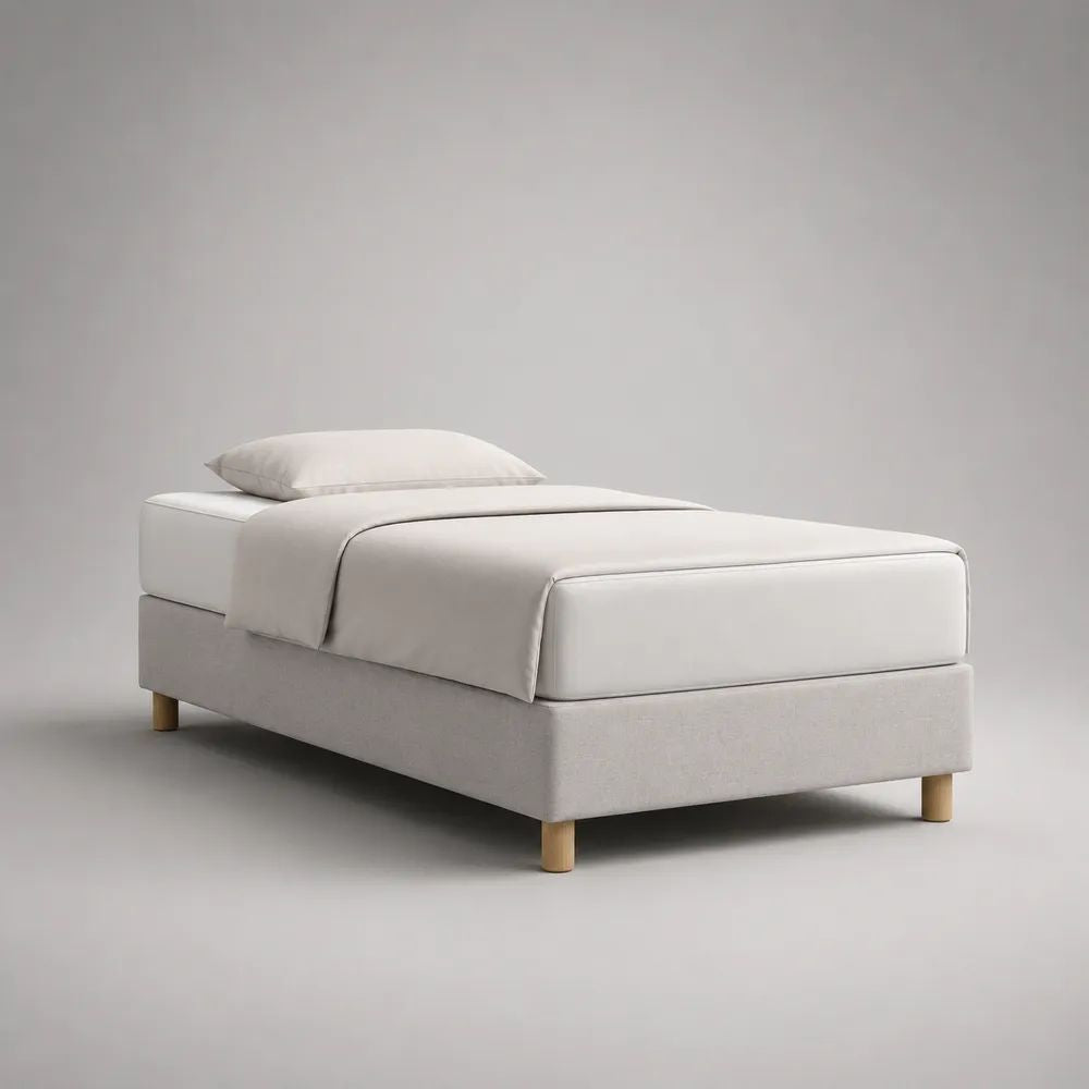 Letto singolo imbottito senza testiera in tela di poliestere beige chiaro, per materasso 90 x 200 cm, 100 x 210 x 38 cm