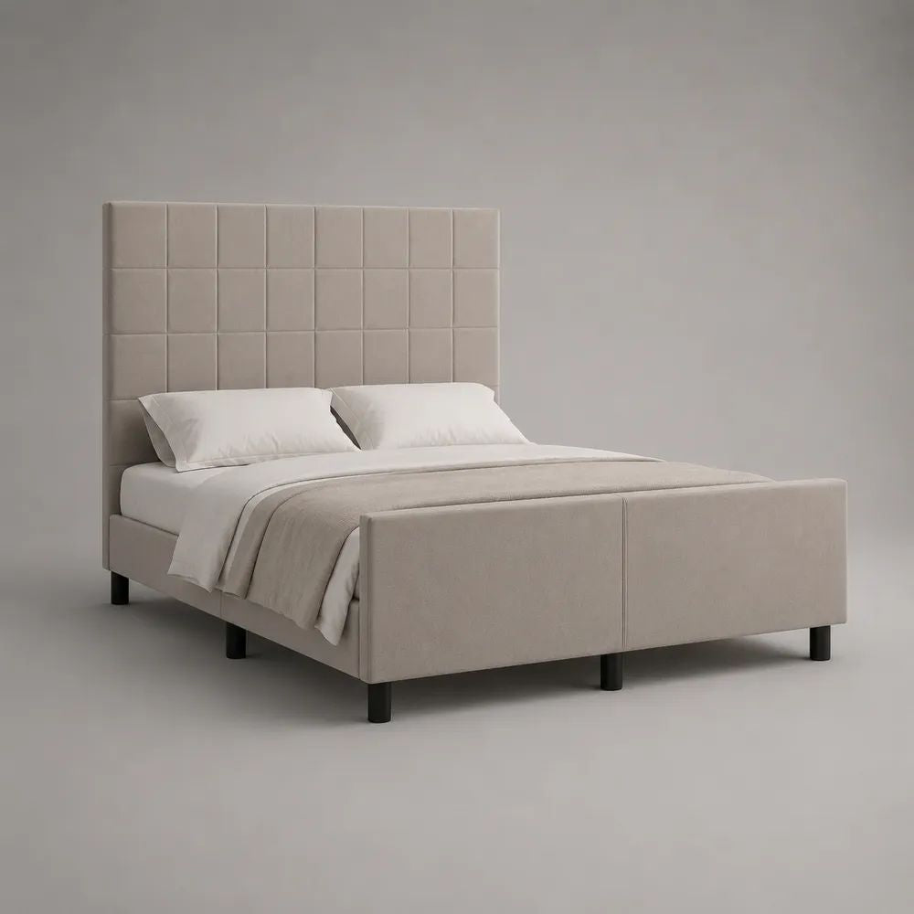 Letto matrimoniale imbottito in poliestere beige con piedini neri, testiera a riquadri, pediera e rete a doghe, 171 x 215 x 140 cm, per materasso 160 x 200 cm