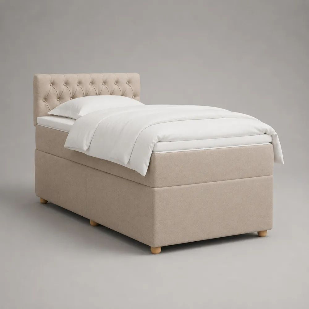 Letto singolo imbottito beige 90 x 200 cm, dimensioni 100 x 210 x 110 cm, con testiera capitonné e rete a doghe