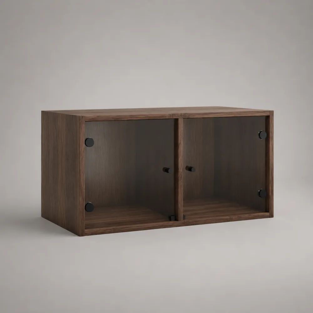 Armadietto contenitore rettangolare in legno e vetro a 2 ante, marrone scuro e grigio fumé, 80 × 30 × 40 cm