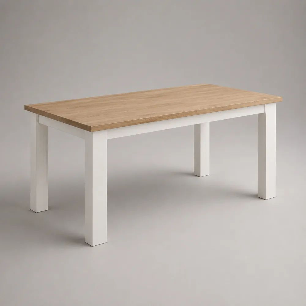Tavolo da pranzo rettangolare fisso in legno massello di pino naturale e bianco, 140 x 80 x 75 cm