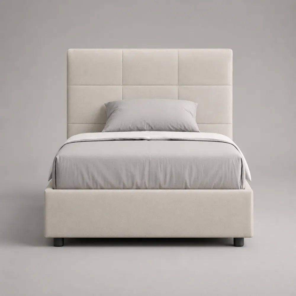 Letto singolo imbottito avorio 90 x 200 cm con rete a doghe e testiera rettangolare, 101 x 215 x 120 cm