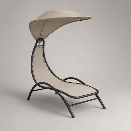 Lettino prendisole da esterno con tettuccio parasole, struttura in acciaio e rivestimento in textilene, beige e antracite, 190 x 75 x 195 cm
