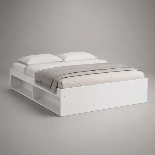 Letto matrimoniale bianco in truciolare melaminico con 3 vani portaoggetti, 166 × 206 × 60 cm, per materasso 160 × 200 cm