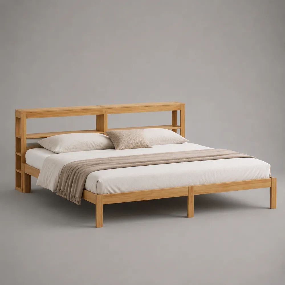 Letto matrimoniale 180 × 200 cm in bambù massello marrone chiaro con testiera libreria