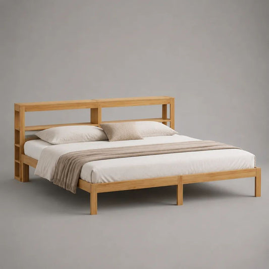 Letto matrimoniale 180 × 200 cm in bambù massello marrone chiaro con testiera libreria
