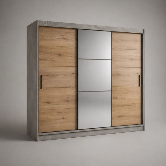 Armadio guardaroba rettangolare a 3 ante scorrevoli con specchio, in pannello truciolare melaminico rovere naturale e grigio cemento, 250 x 62 x 215 cm