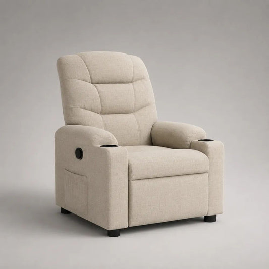 Poltrona reclinabile manuale in poliestere beige con schienale alto e 2 portabicchieri, 88 × 92 × 105 cm