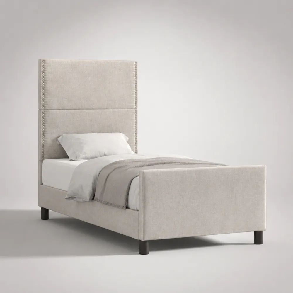 Letto singolo imbottito 90 x 200 cm in poliestere beige chiaro con testiera alta, dimensioni 102 x 215 x 160 cm