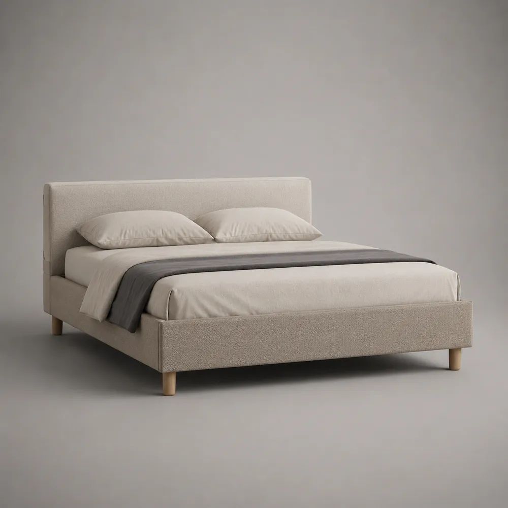 Letto matrimoniale imbottito 160 x 200 cm in tessuto bouclé beige con testiera e rete a doghe, 172 x 216 x 105 cm