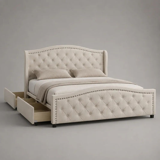 Letto matrimoniale imbottito beige 160 x 200 cm, dimensioni 174 x 220 x 125 cm, con testiera capitonné e 4 cassetti