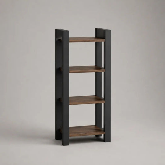 Libreria rettangolare a 4 ripiani in acciaio e legno, nero e marrone noce, 60 x 35 x 140 cm