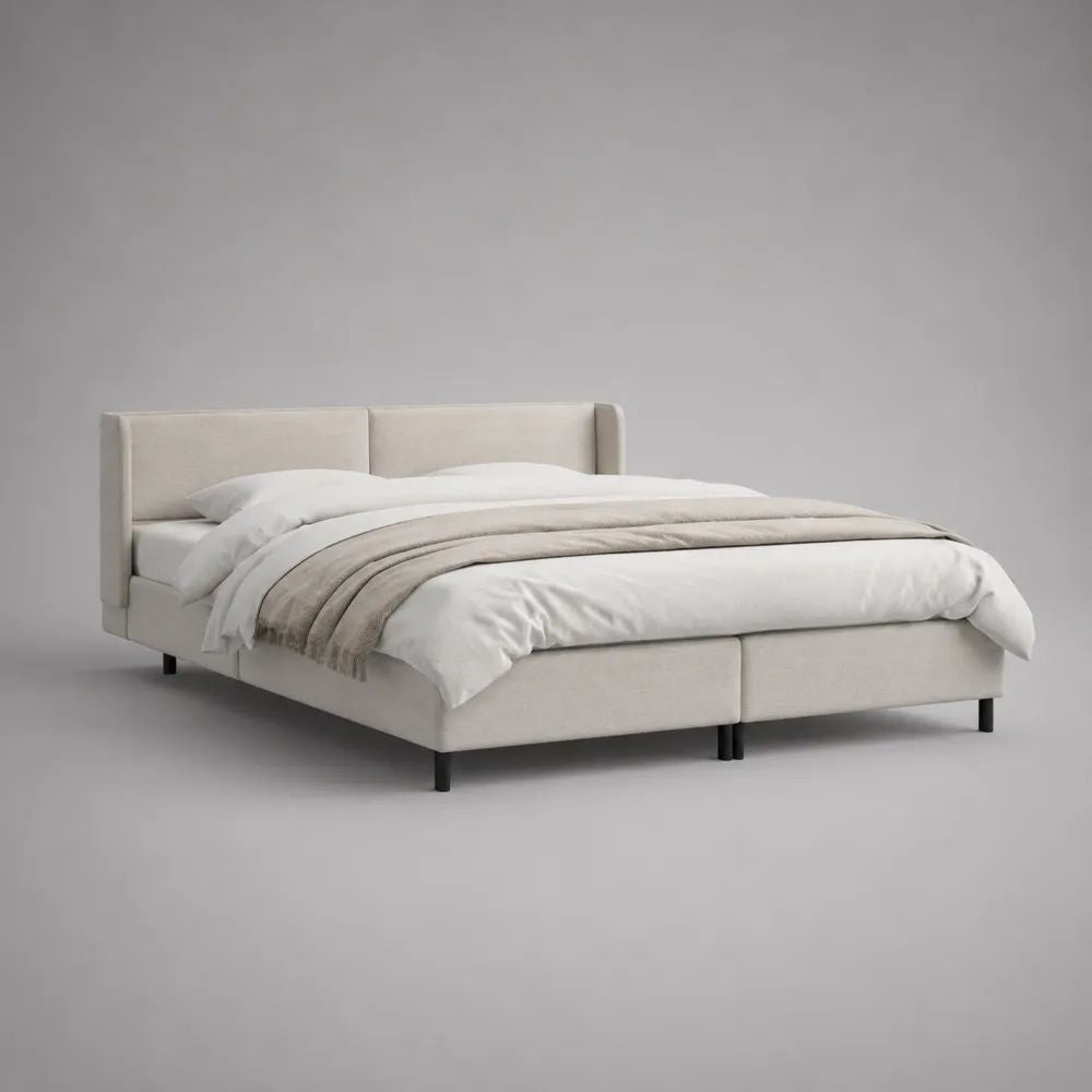 Letto matrimoniale imbottito 160 x 200 cm in poliestere beige con testiera rettangolare e gambe nere