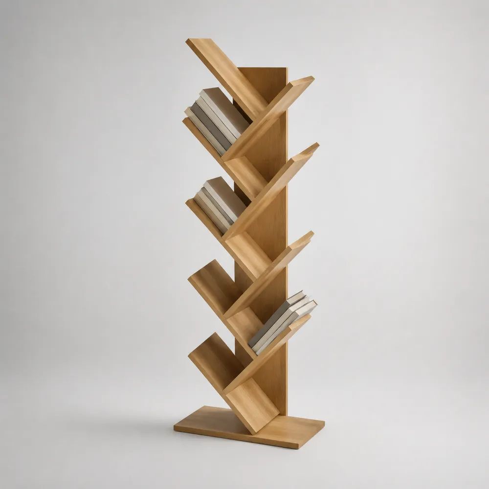 Libreria ad albero da terra in MDF impiallacciato con 8 ripiani inclinati, rovere naturale, 55 x 25 x 160 cm