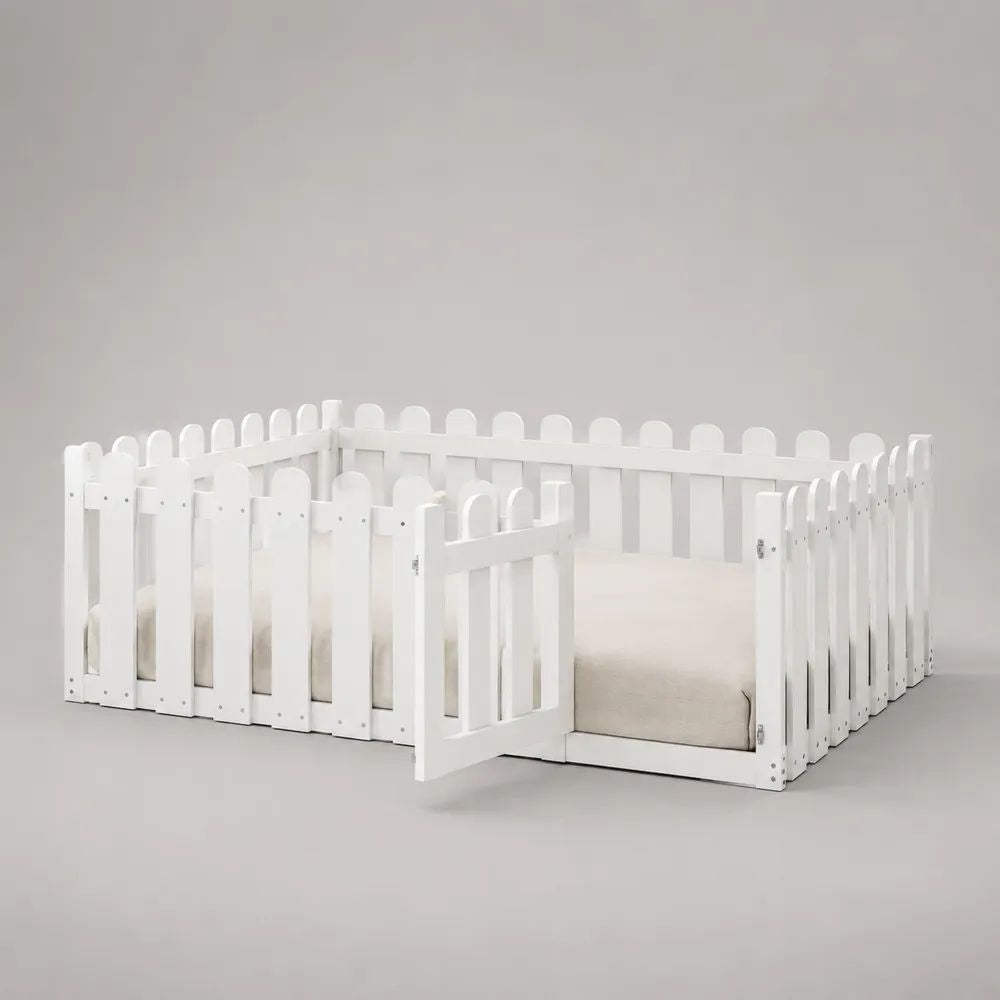 Letto Montessori per bambini 140 x 200 cm in pino massiccio bianco con sponde e cancelletto