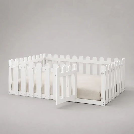 Letto Montessori per bambini 140 x 200 cm in pino massiccio bianco con sponde e cancelletto