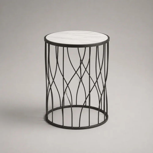 Tavolino laterale rotondo in pietra sinterizzata e acciaio, Ø45 × H55 cm, bianco e nero