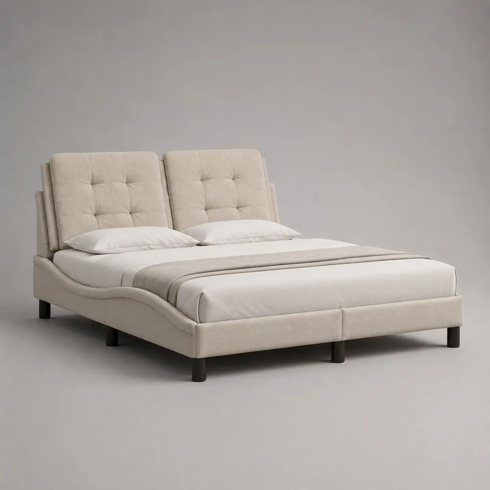 Letto matrimoniale imbottito 160 x 200 cm beige e nero, dimensioni 180 x 220 x 110 cm, testiera regolabile e rivestimento in poliestere