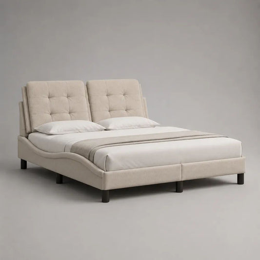 Letto matrimoniale imbottito 160 x 200 cm beige e nero, dimensioni 180 x 220 x 110 cm, testiera regolabile e rivestimento in poliestere