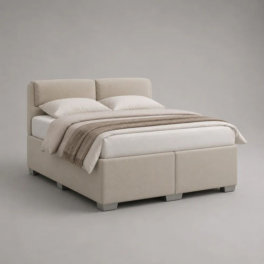 Letto matrimoniale imbottito in tessuto beige con testiera e rete a doghe, superficie 160 × 200 cm