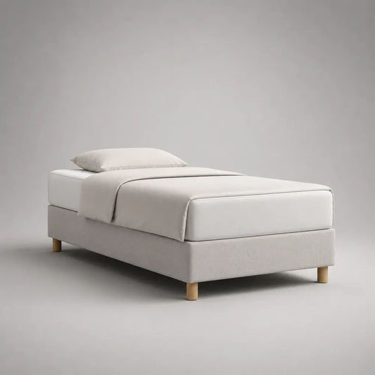 Letto singolo imbottito senza testiera in tela di poliestere beige chiaro, per materasso 90 x 200 cm, 100 x 210 x 38 cm
