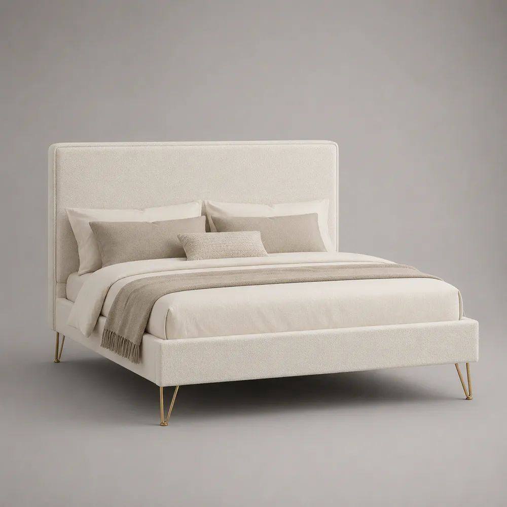 Letto matrimoniale imbottito 160 x 200 cm in tessuto avorio con testiera rettangolare e gambe in metallo dorato