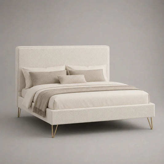 Letto matrimoniale imbottito 160 x 200 cm in tessuto avorio con testiera rettangolare e gambe in metallo dorato
