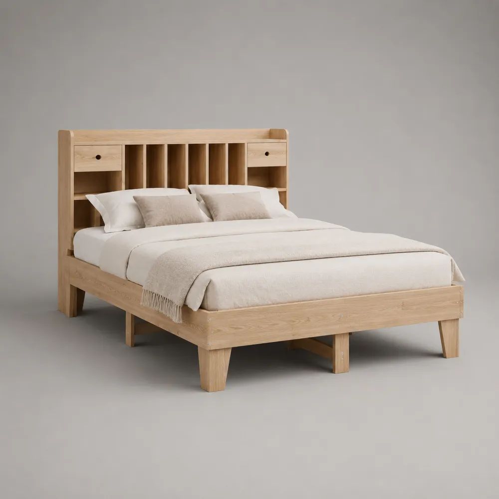 Letto matrimoniale 160 x 200 cm in legno massello e MDF con testiera libreria, 2 cassetti e rete a doghe, rovere naturale, 218 x 170 x 135 cm