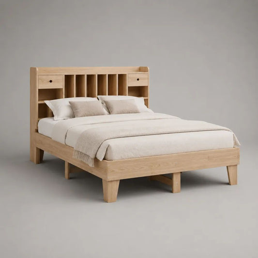 Letto matrimoniale 160 x 200 cm in legno massello e MDF con testiera libreria, 2 cassetti e rete a doghe, rovere naturale, 218 x 170 x 135 cm
