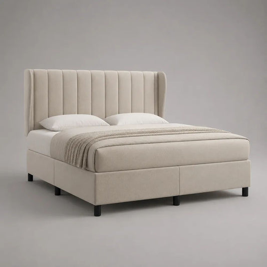 Letto matrimoniale imbottito in tessuto beige 180 x 215 x 120 cm, con rete a doghe per materasso 160 x 200 cm e testiera alta