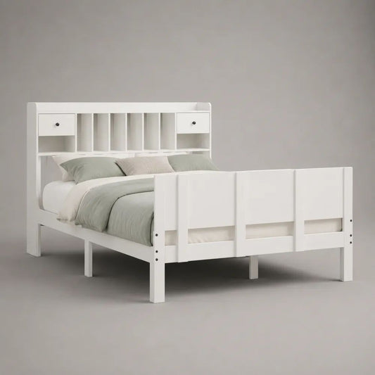Letto matrimoniale 160 x 200 cm in MDF bianco con testiera contenitore, 2 cassetti e 8 vani aperti
