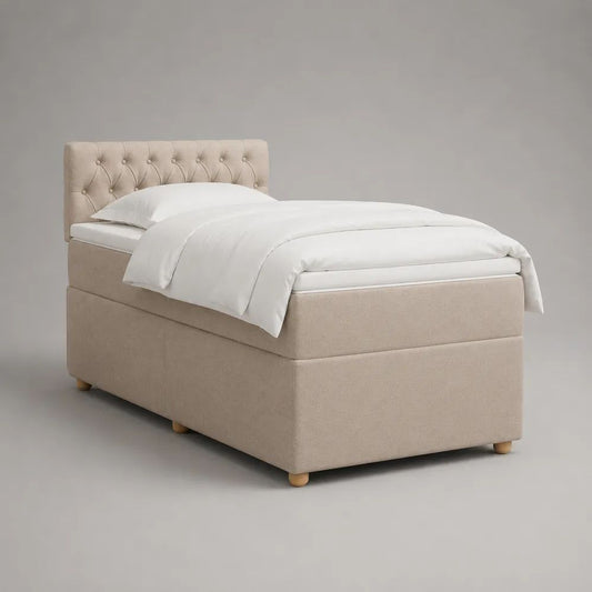 Letto singolo imbottito beige 90 x 200 cm, dimensioni 100 x 210 x 110 cm, con testiera capitonné e rete a doghe