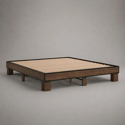 Letto matrimoniale 180 x 200 cm in legno e acciaio con rete a doghe, marrone noce e nero