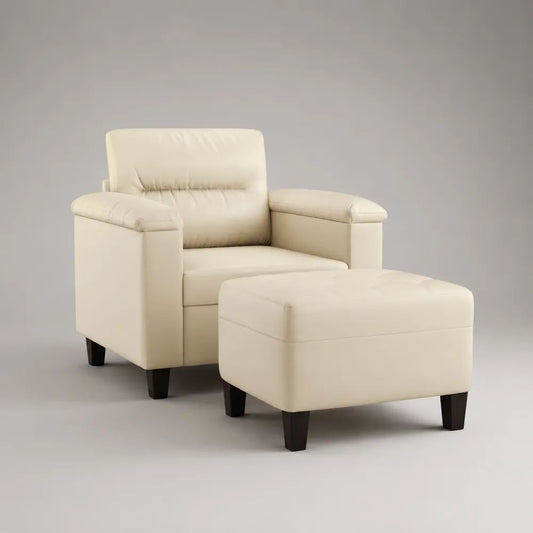 Set di poltrona e pouf poggiapiedi in similpelle avorio, 2 pezzi, poltrona 86 x 84 x 94 cm e pouf 64 x 52 x 43 cm