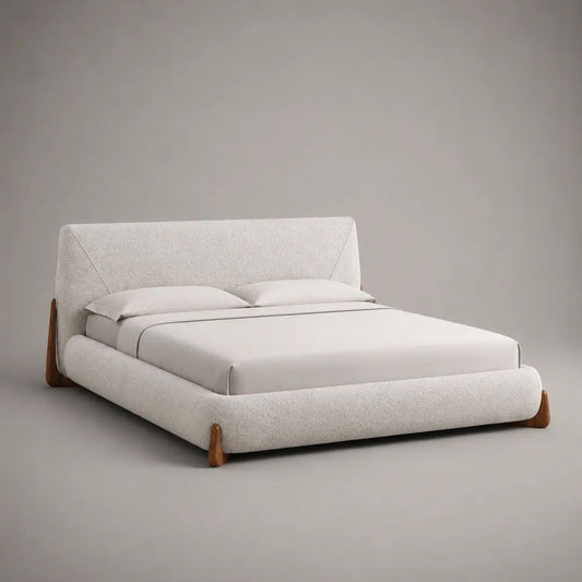 Letto matrimoniale imbottito 160 x 200 cm in tessuto bouclé bianco crema con rete a doghe e piedini marrone noce