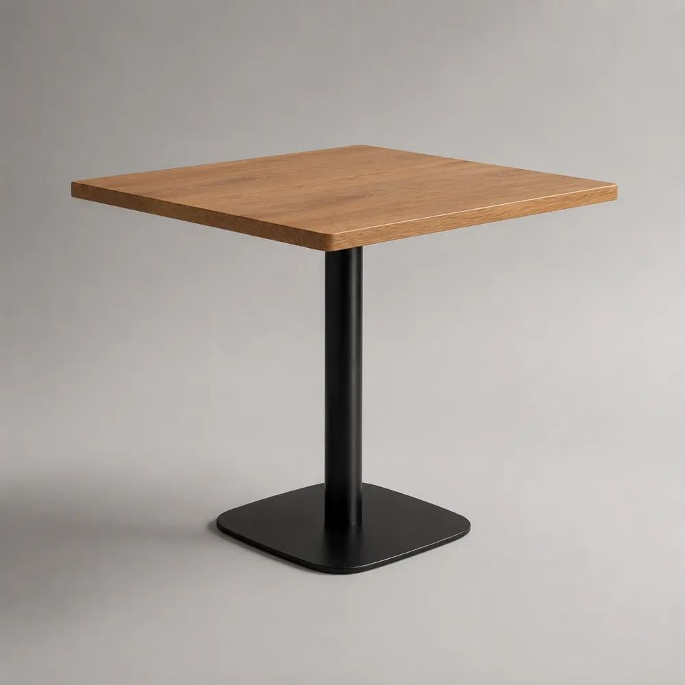 Tavolo da pranzo quadrato 80 x 80 x 75 cm in legno effetto rovere naturale con base centrale in acciaio nero