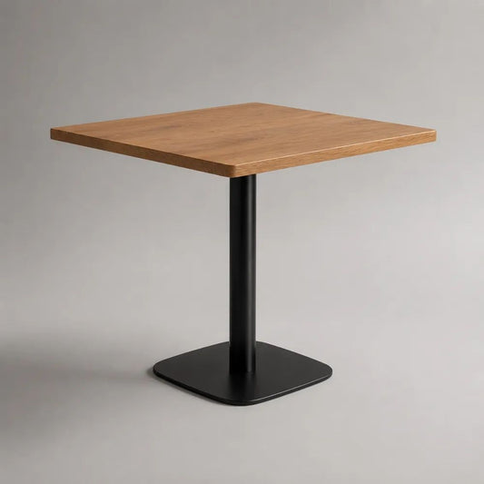 Tavolo da pranzo quadrato 80 x 80 x 75 cm in legno effetto rovere naturale con base centrale in acciaio nero