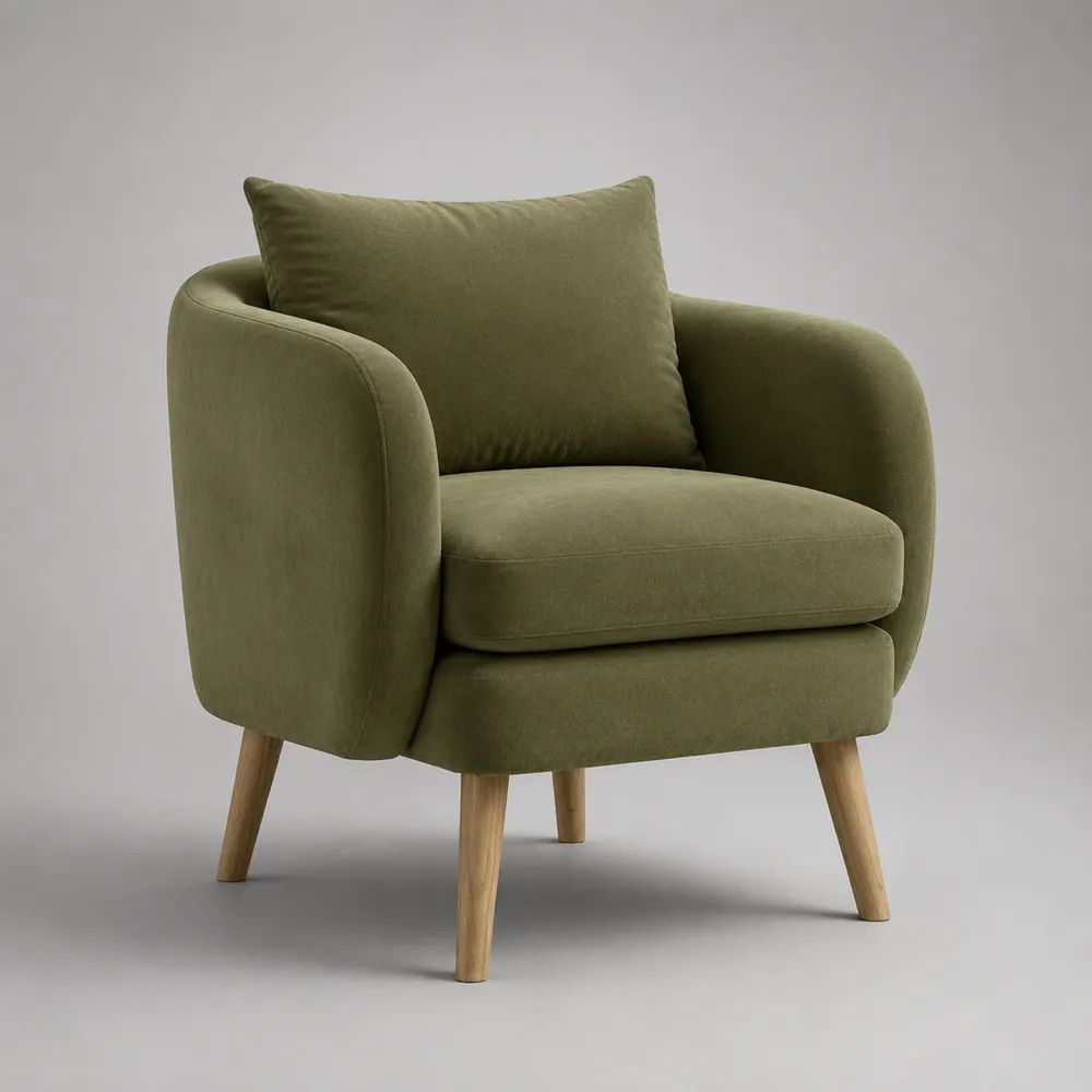 Poltrona da salotto in velluto di poliestere verde oliva con gambe in faggio massello, 78 x 78 x 84 cm