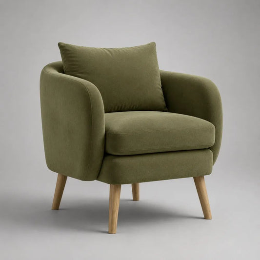 Poltrona da salotto in velluto di poliestere verde oliva con gambe in faggio massello, 78 x 78 x 84 cm