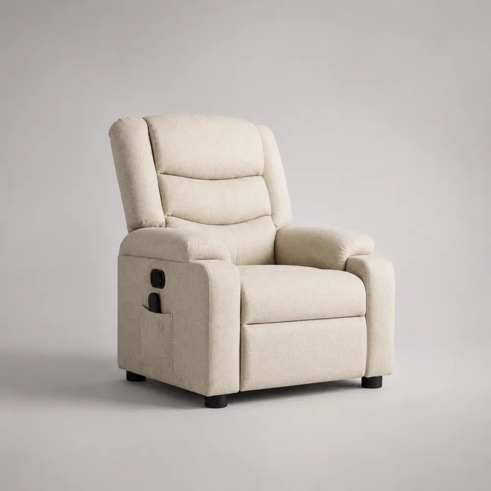 Poltrona reclinabile manuale in tessuto beige con poggiapiedi integrato, 95 x 92 x 105 cm