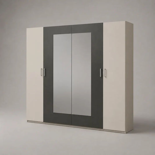 Armadio guardaroba rettangolare a 4 ante battenti con 2 specchi, in legno e metallo, bianco e antracite, 200 x 52 x 200 cm