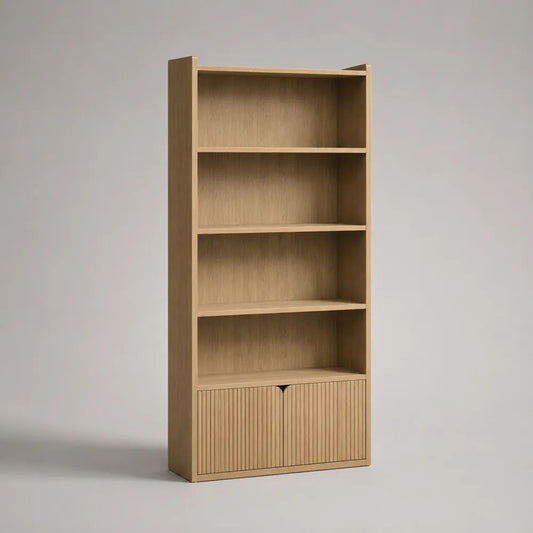 Libreria rettangolare in MDF e truciolare con 4 vani e 2 ante scanalate, rovere naturale, 80 x 35 x 180 cm