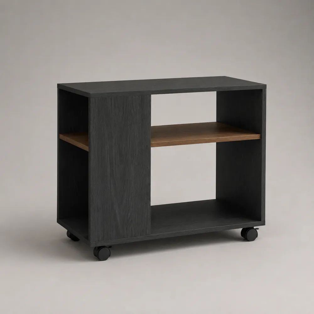 Tavolino rettangolare con ruote e 4 vani, in pannello truciolare nero e marrone, 80 × 40 × 70 cm
