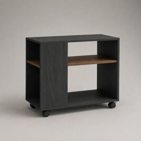 Tavolino rettangolare con ruote e 4 vani, in pannello truciolare nero e marrone, 80 × 40 × 70 cm