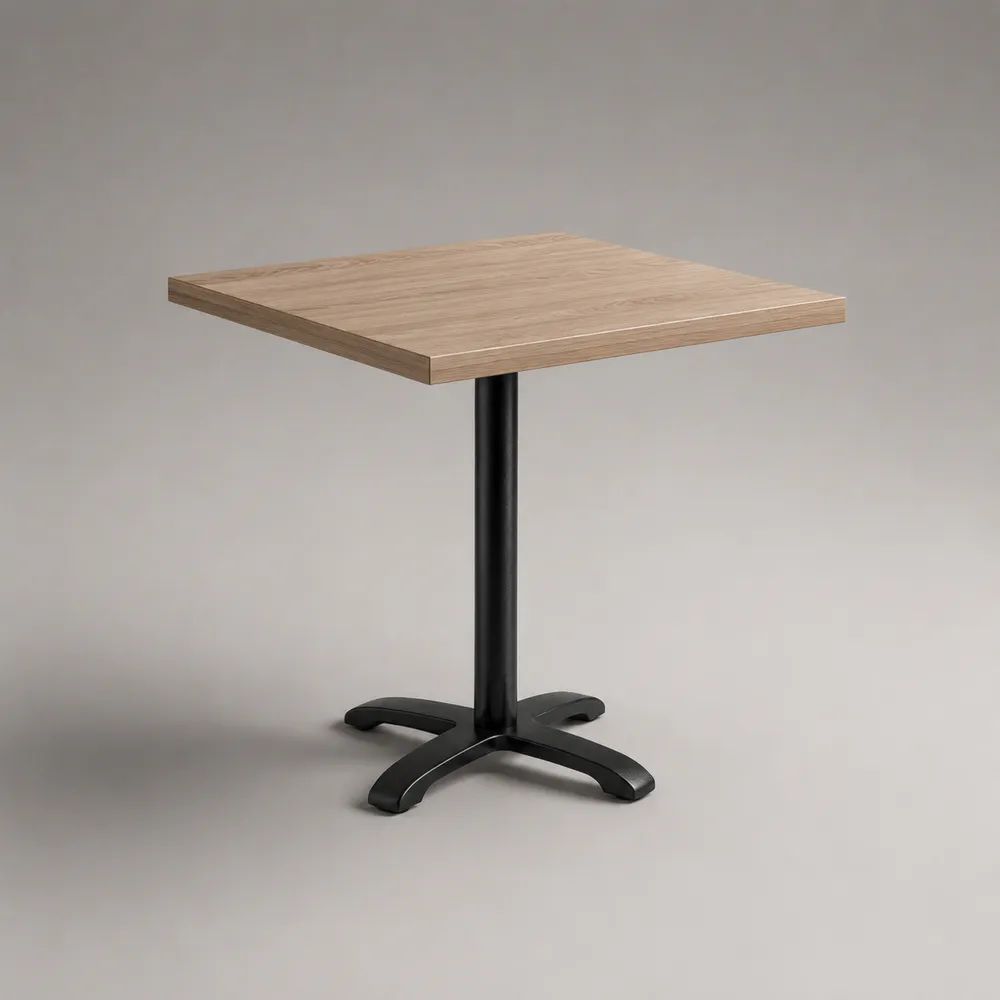 Tavolo da pranzo quadrato 70 × 70 × 75 cm in MDF melaminico effetto rovere naturale con base centrale in acciaio e ghisa nera