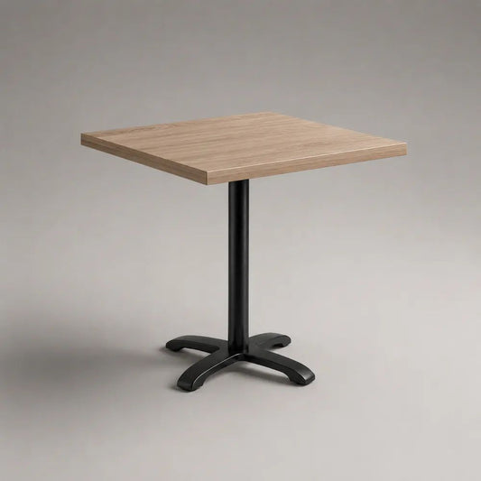 Tavolo da pranzo quadrato 70 × 70 × 75 cm in MDF melaminico effetto rovere naturale con base centrale in acciaio e ghisa nera