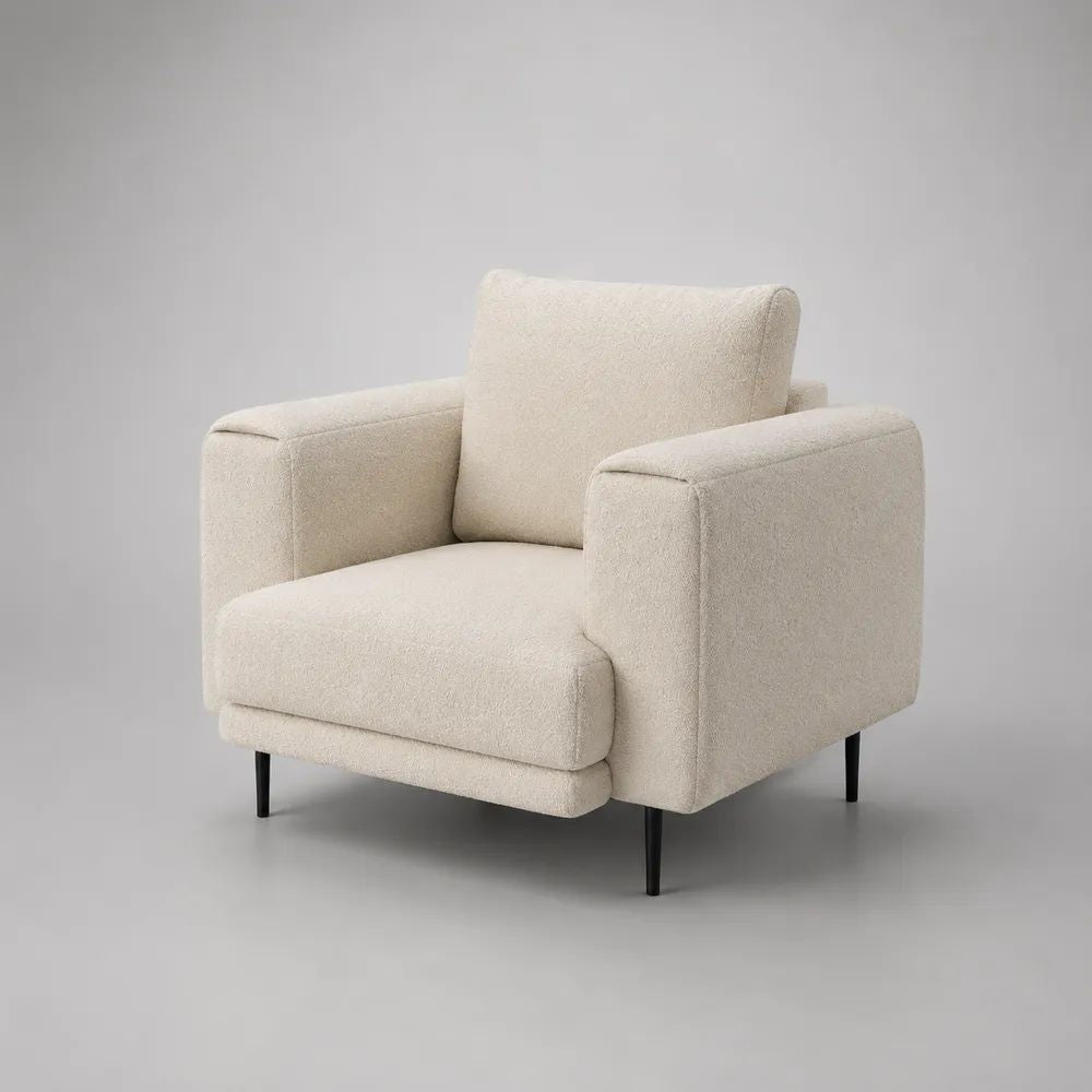 Poltrona imbottita a 1 posto in bouclé di poliestere crema con gambe nere, 97 x 90 x 85 cm